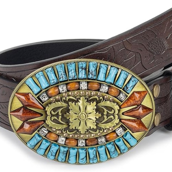 Cowgirl Belt Turquoise Concho Belt, Boho Western Belt, Vintage Style Oval New - Picture 1 of 6